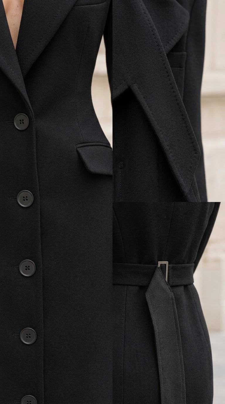 Close-up detail of black blazer dress lapel, buttons, and back waist buckle