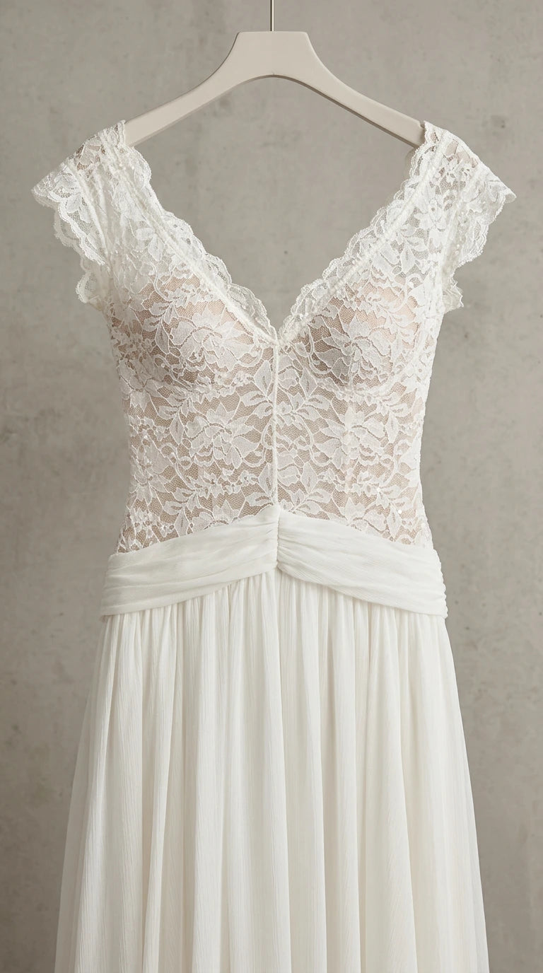 Hanger shot of white floral lace bodice maxi dress