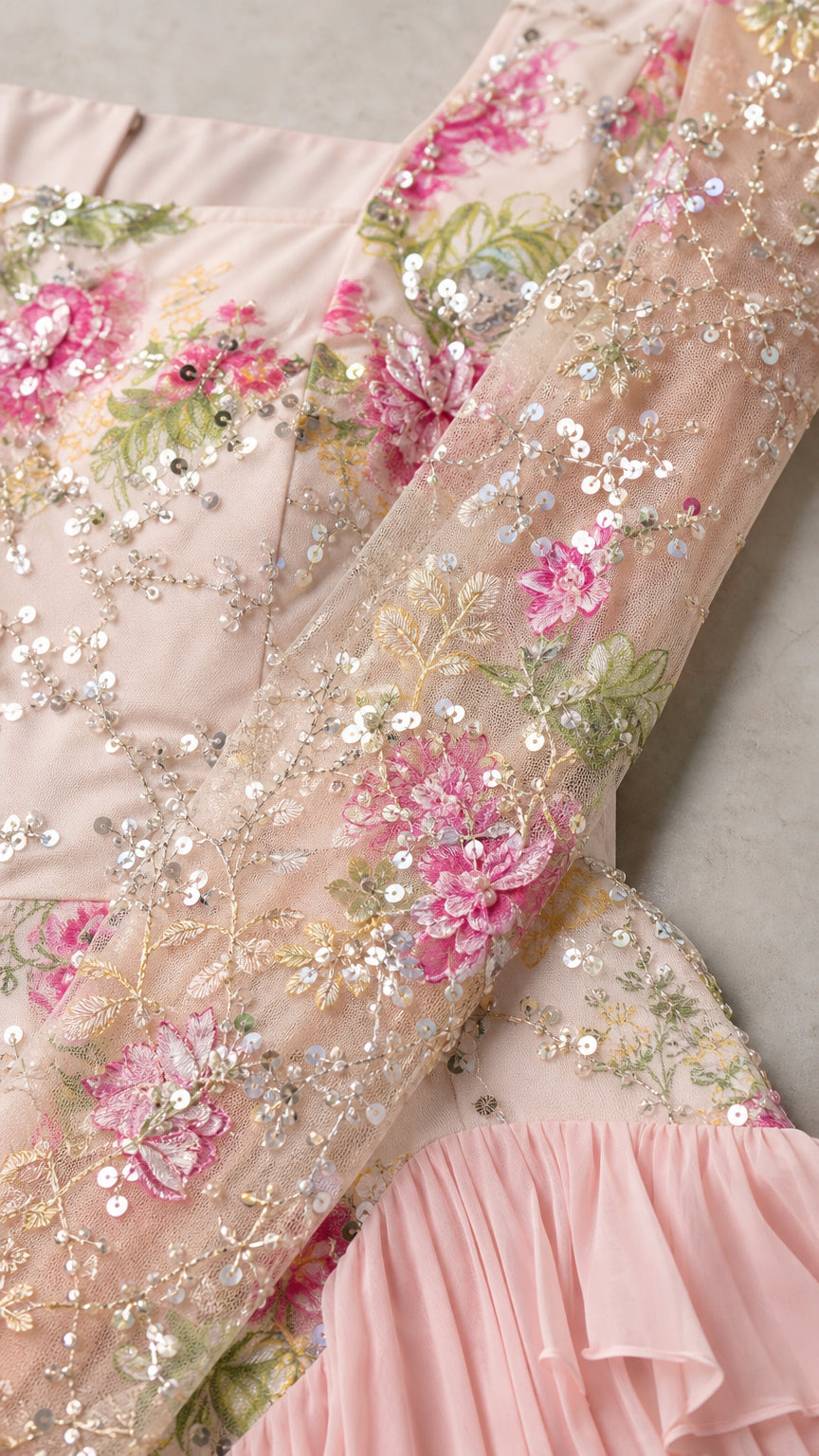 Close-up detail of intricate floral sequin embroidery and pleated chiffon ruffles