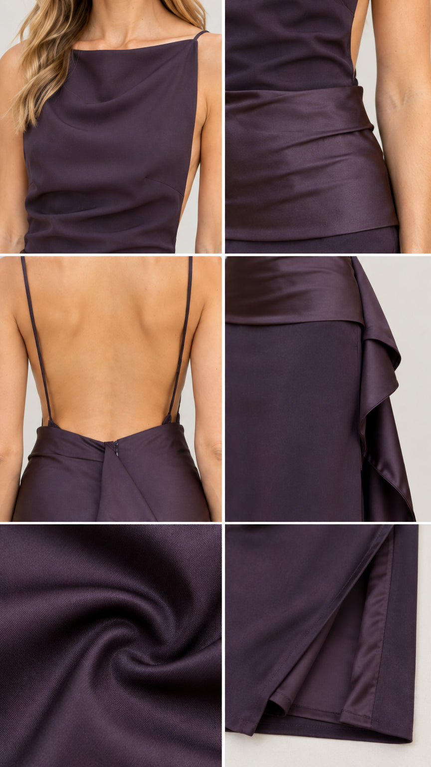 Close-up details of neckline, backless cut, draped fabric, and satin texture