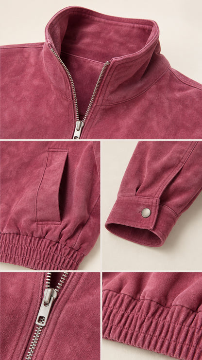 Close-up details of the rose pink bomber jacket collar, pocket, cuff, zipper, and hem