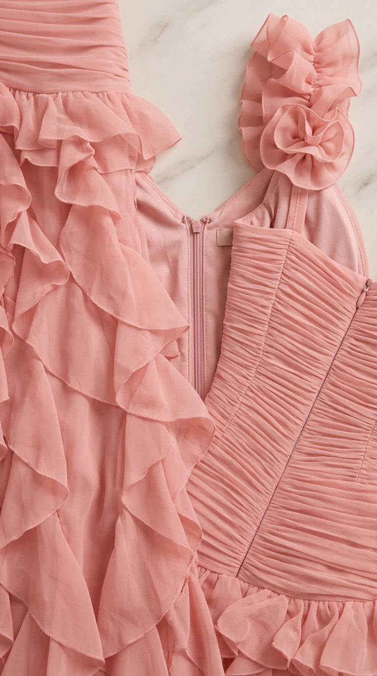 Close-up detail of 3D floral strap and ruched fabric with back zipper