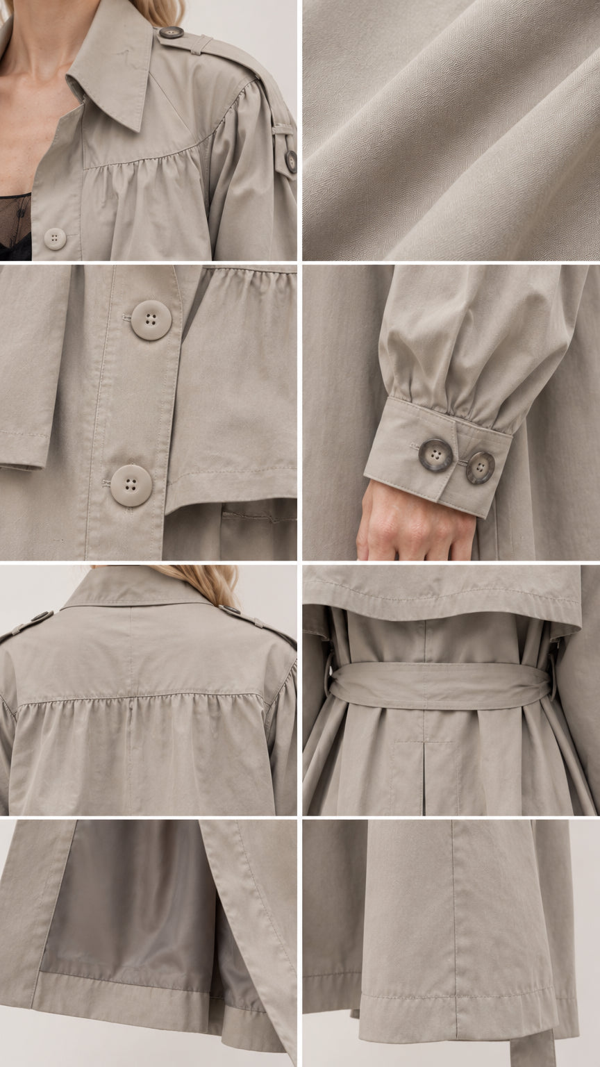 Detailed close-up views of gathered shoulder, buttons, cuff, and fabric texture
