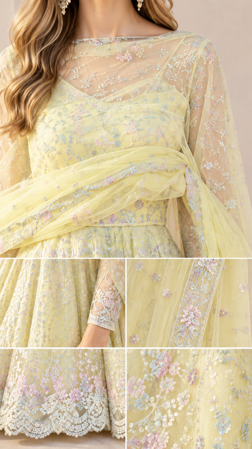 Close-up details of delicate floral embroidery, sheer neckline, and scalloped hem