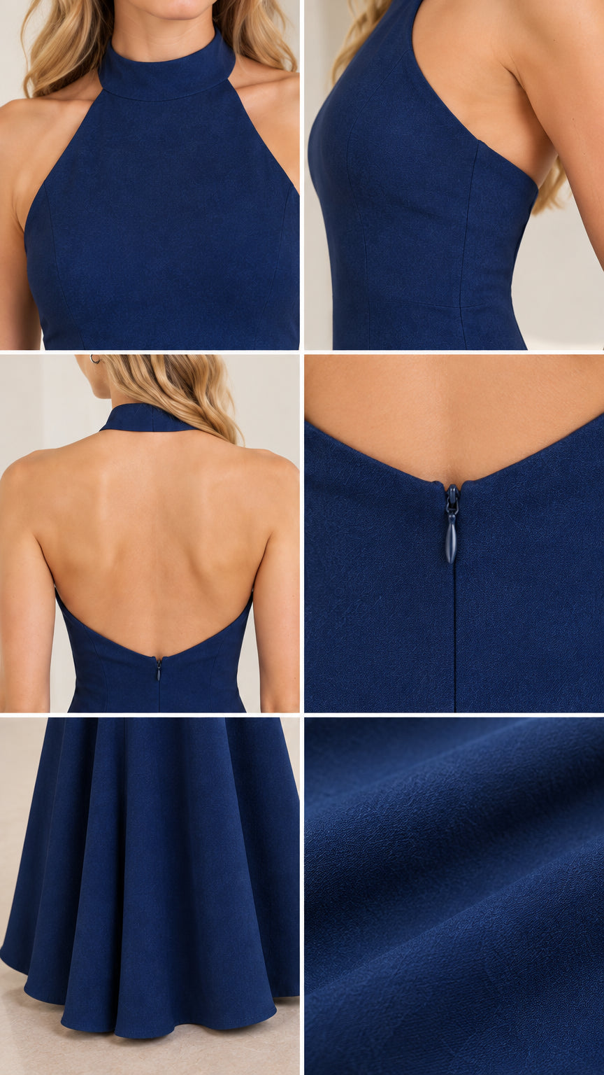 Detail collage showing neckline, back cutout, zipper, and fabric texture