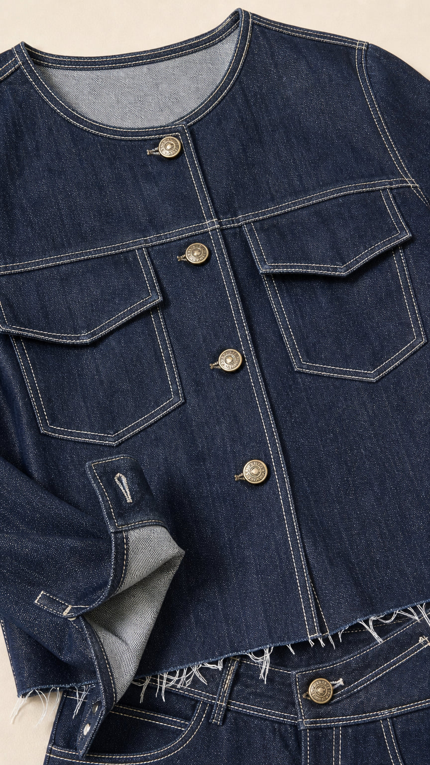 Close-up detail of dark blue denim collarless jacket showing metallic buttons, flap pockets, and contrast stitching