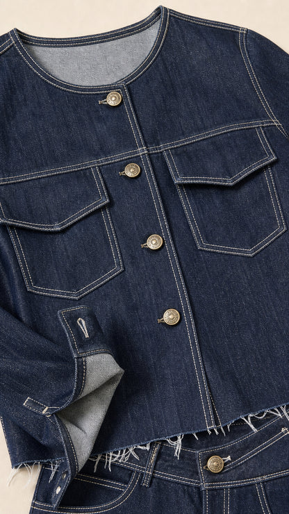 Close-up detail of dark blue denim collarless jacket showing metallic buttons, flap pockets, and contrast stitching