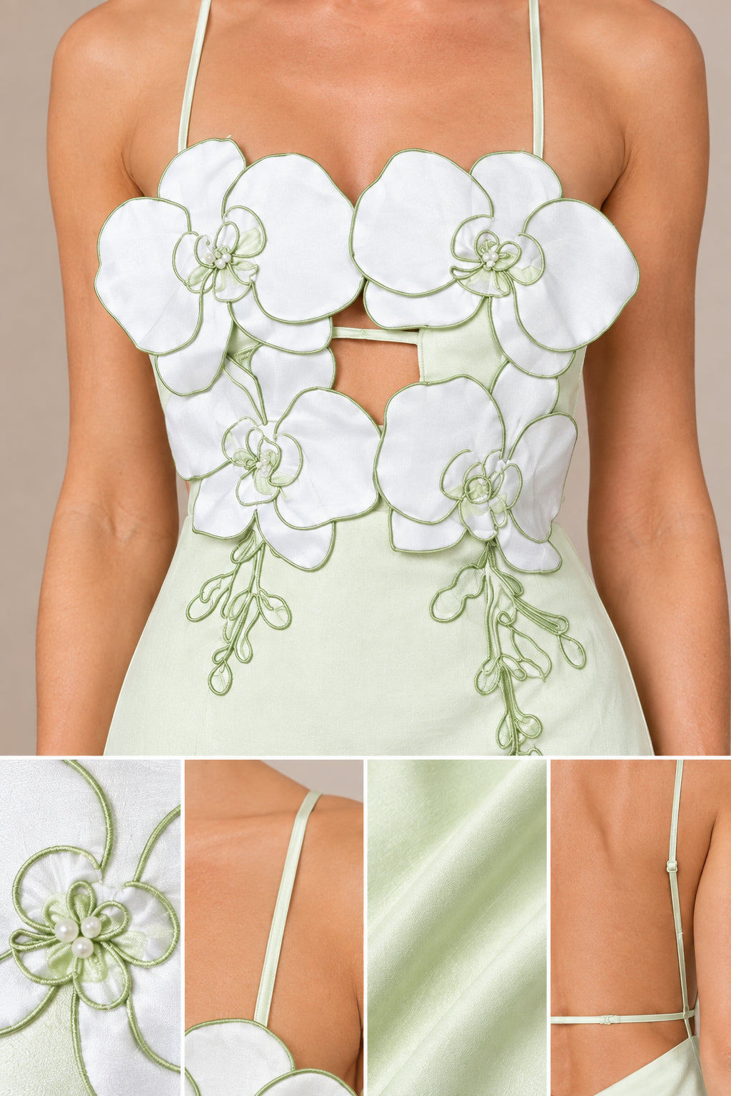 Close-up detail of 3D embroidered floral appliques and front cutout
