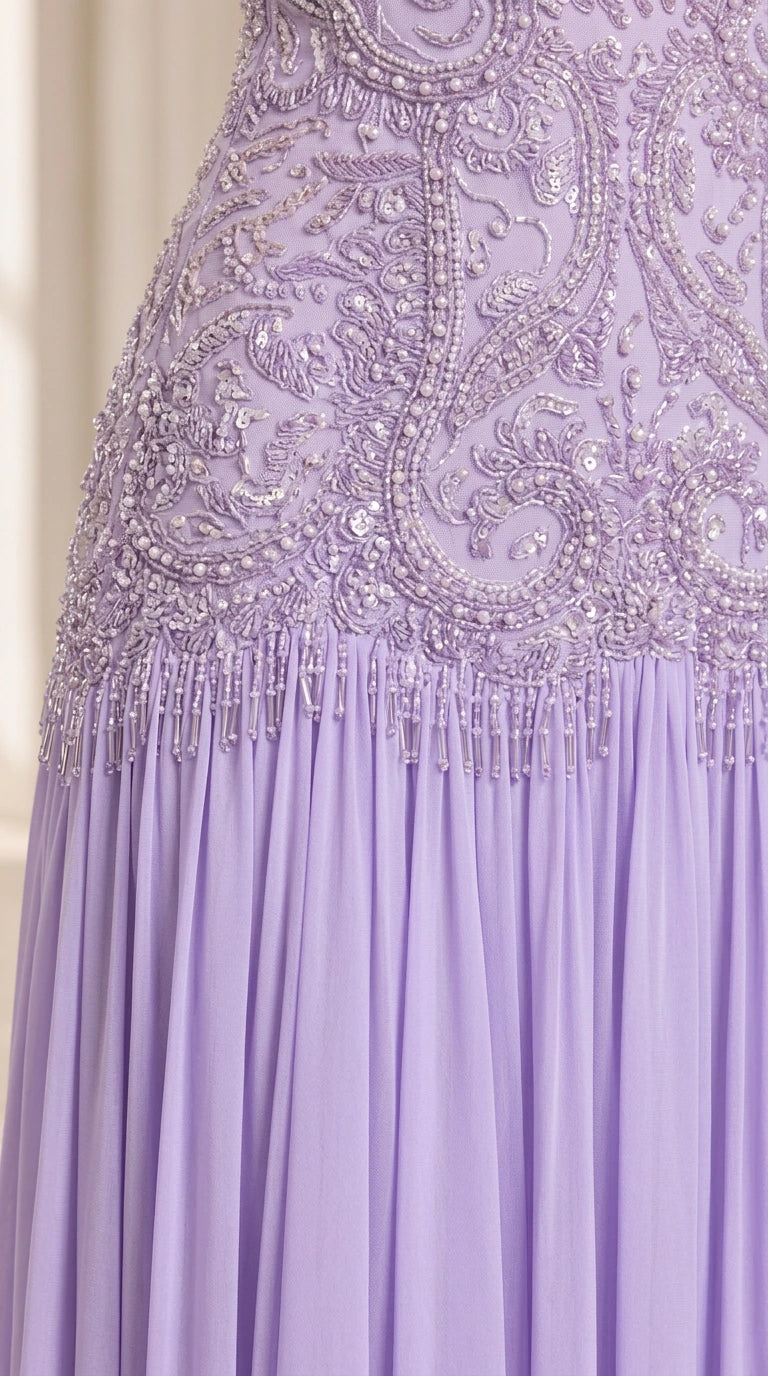 Close-up detail of intricate beadwork, sequins, and fringe trim on lavender gown bodice