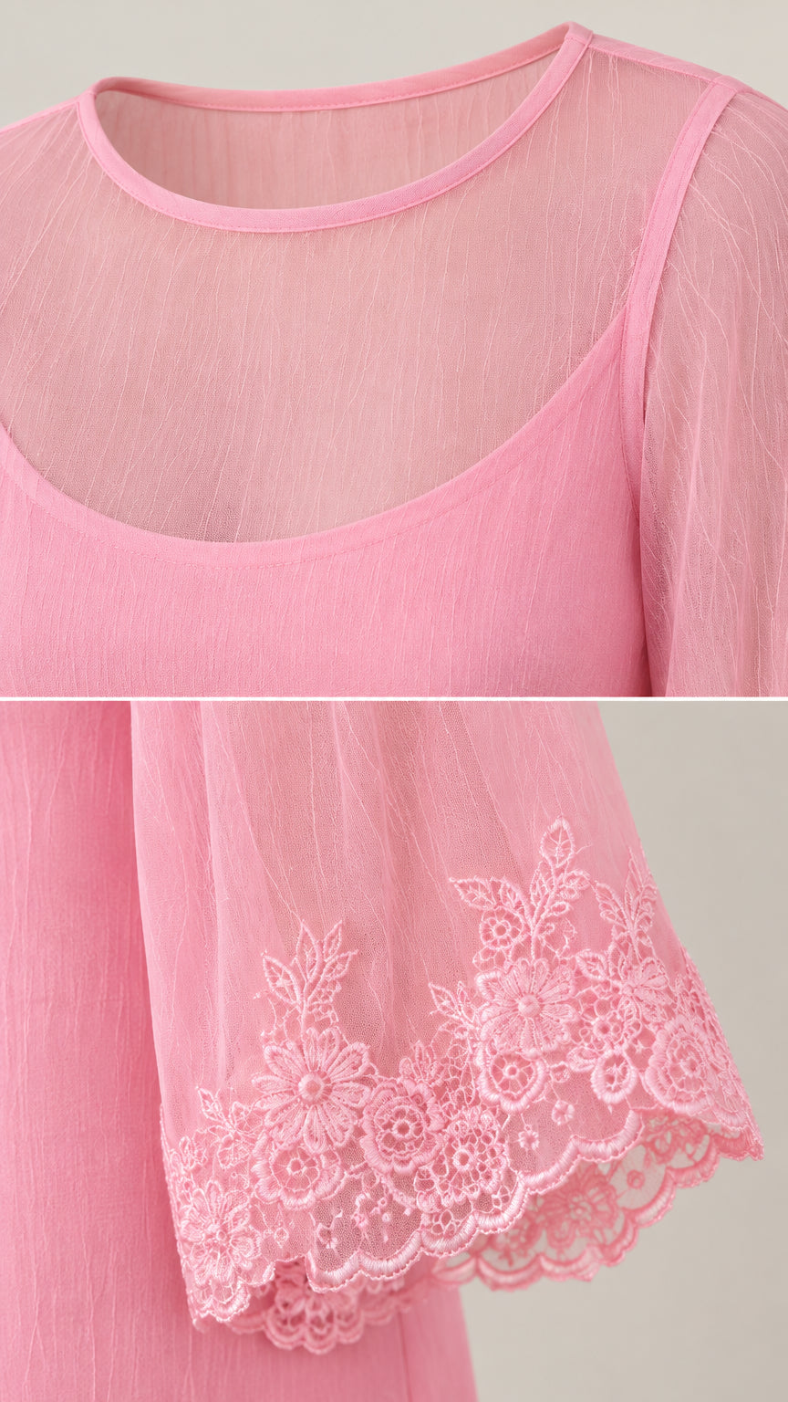 Close-up detail of sheer neckline and embroidered floral lace cuffs