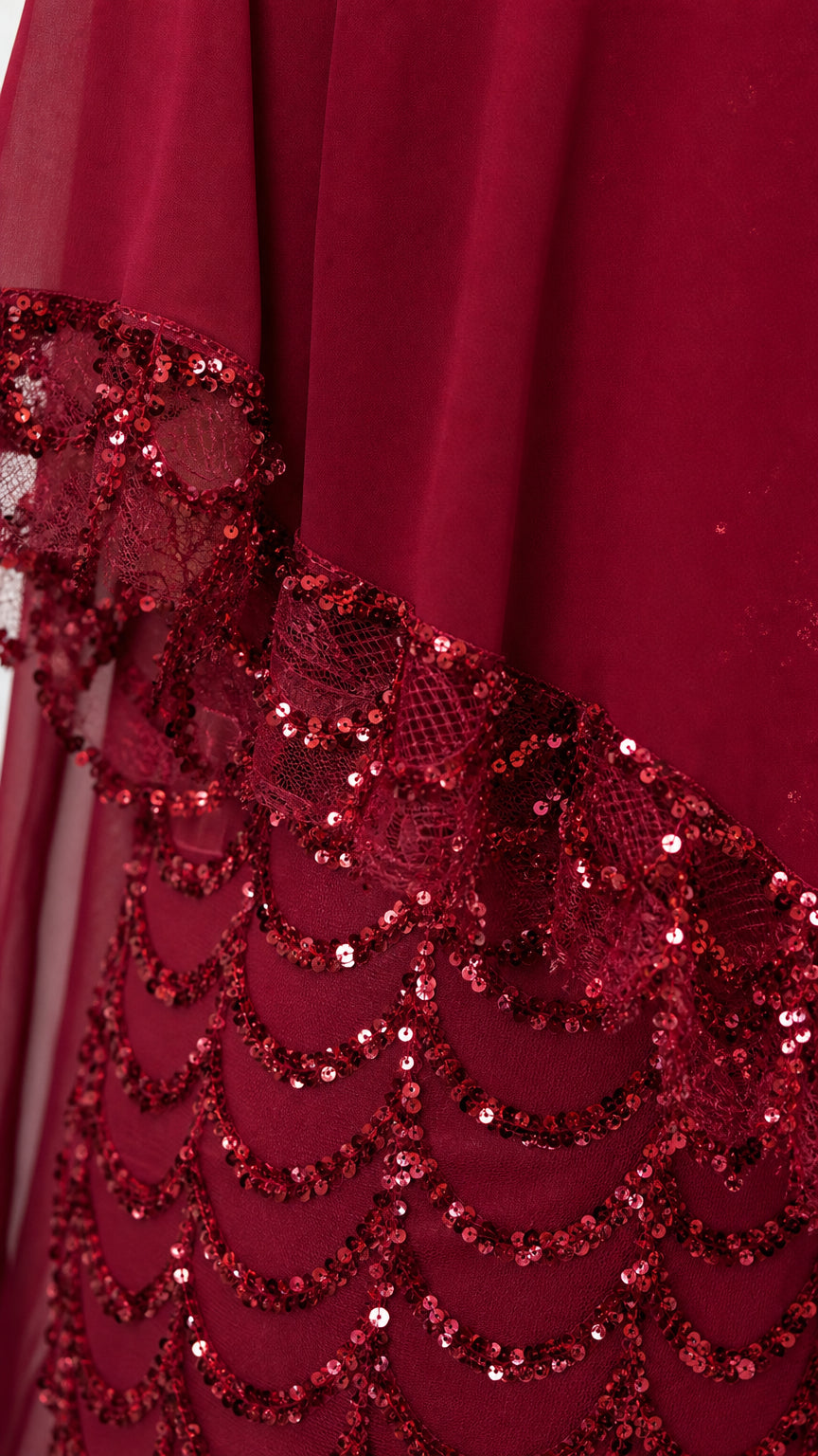 Close-up detail of scalloped sequin embroidery and sheer chiffon trim