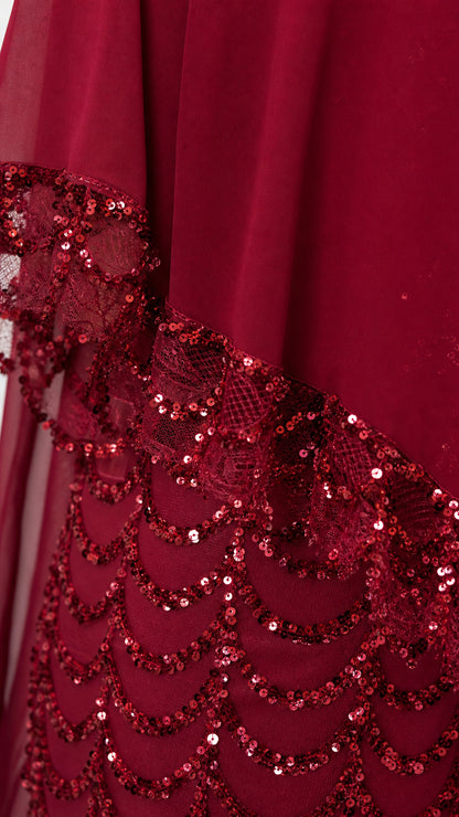 Close-up detail of scalloped sequin embroidery and sheer chiffon trim