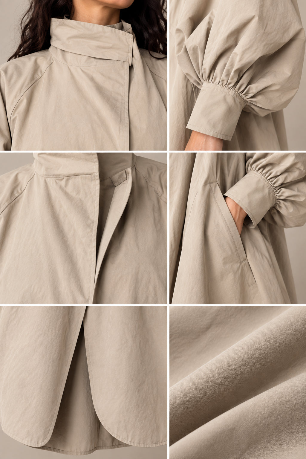 Detail shots of collar, cuffs, placket, side pocket, and smooth woven fabric