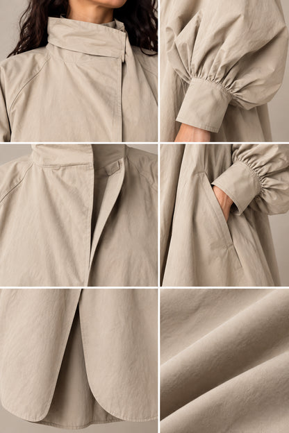Detail shots of collar, cuffs, placket, side pocket, and smooth woven fabric