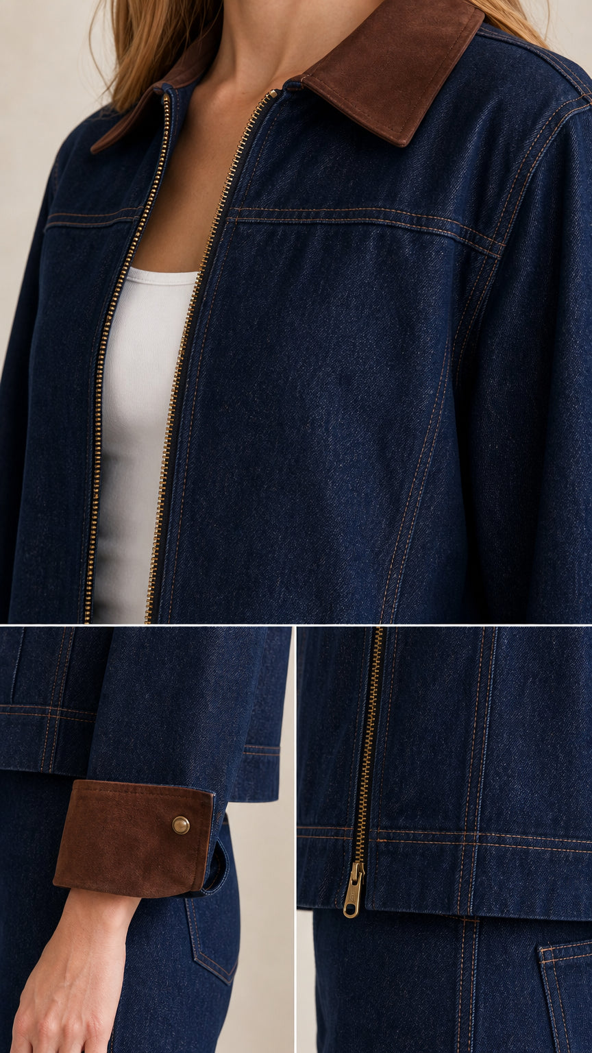 Close-up details of brown contrast collar, cuff buttons, and zip-front closure on denim jacket