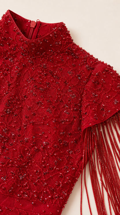 Close-up detail of the intricate red beadwork, high neckline, and dangling fringe sleeve