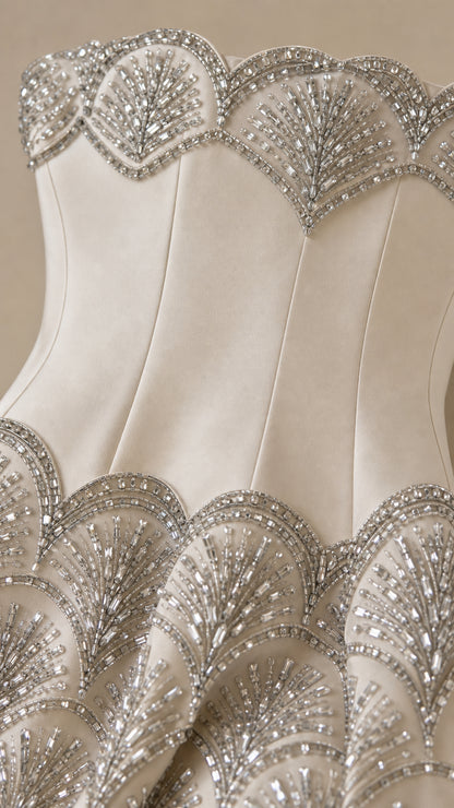 Close-up detail of bodice beadwork and sequins