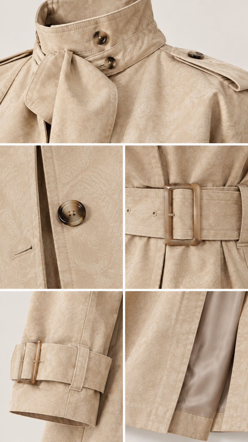 Detailed close-up of collar, button, buckle belt, and cuff straps