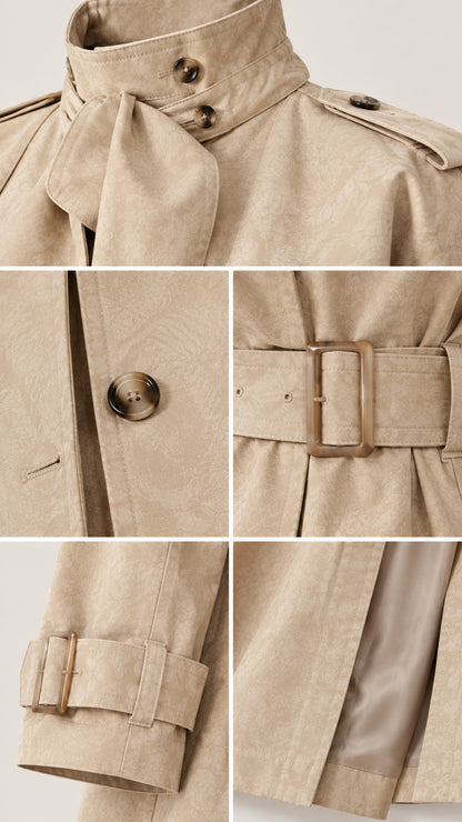 Detailed close-up of collar, button, buckle belt, and cuff straps