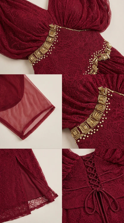 Close-up details of intricate beadwork, delicate lace texture, and corset back lacing
