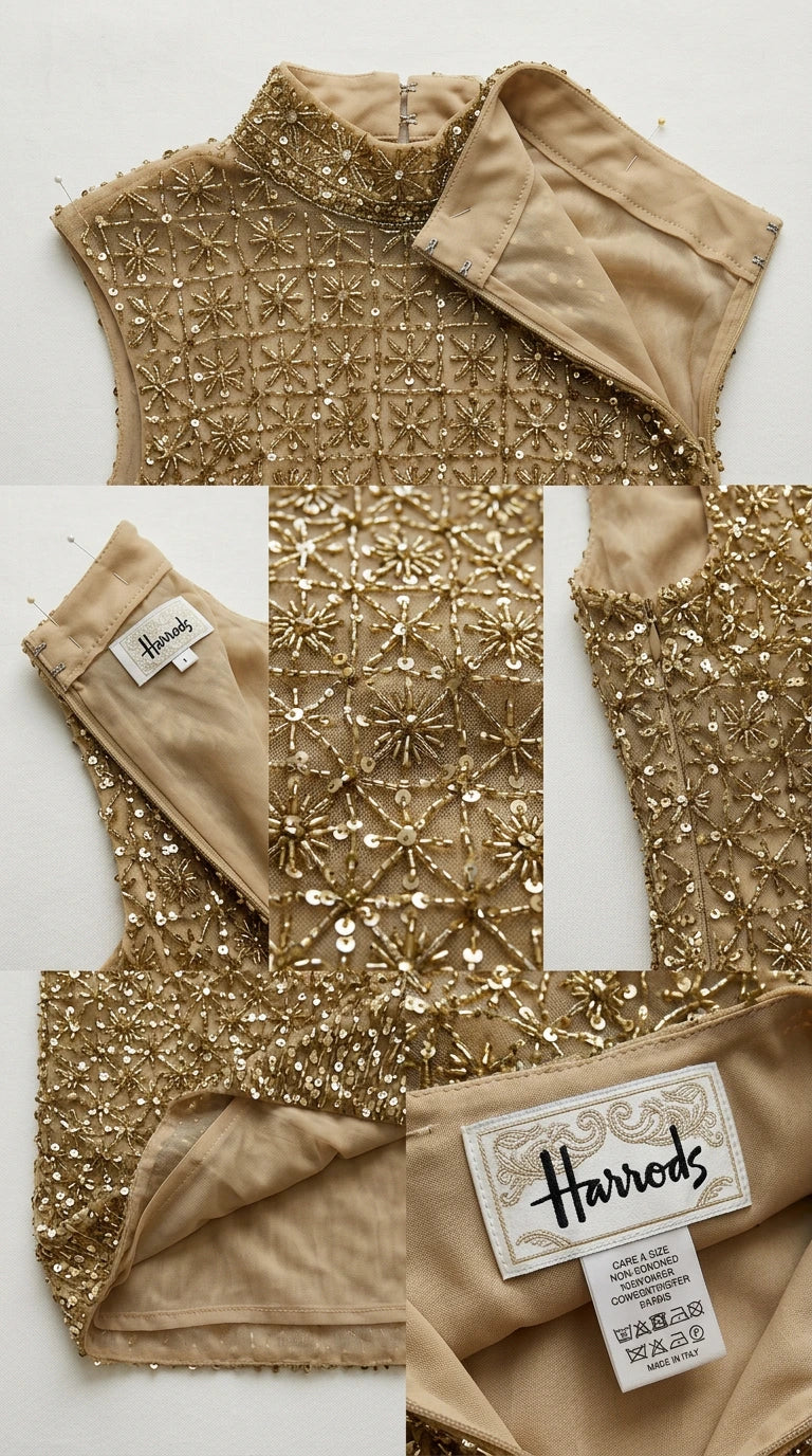 Close-up details of intricate beadwork, mock neckline, and interior lining of gold gown