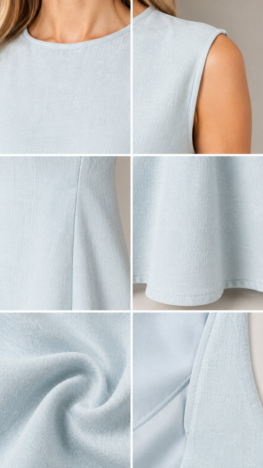 Close-up details of Light Blue textured fabric neckline, hemline, and stitching