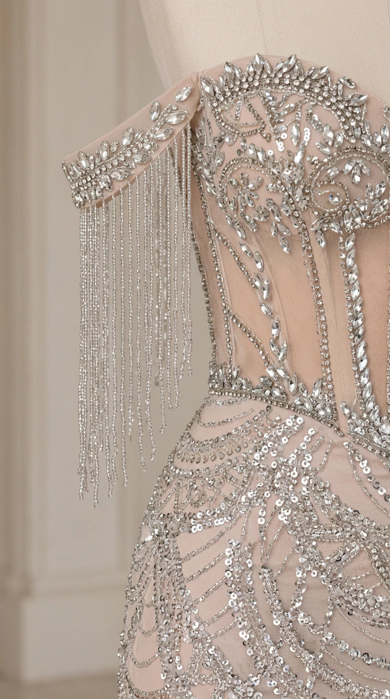 Close-up detail of sheer boned corset bodice with silver beadwork and tassel fringe