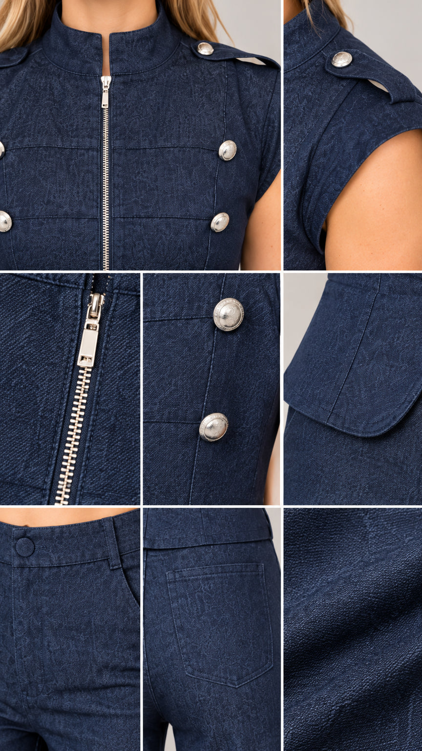 Close-up details of metallic zipper, decorative buttons, shoulder tabs, and textured fabric