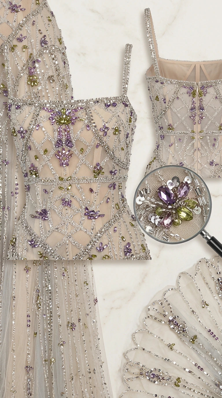 Close-up detail of intricate crystal beadwork and floral embroidery on bodice