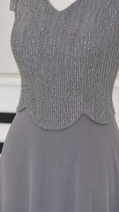 Close-up detail of Slate Gray beaded bodice with scalloped waist trim