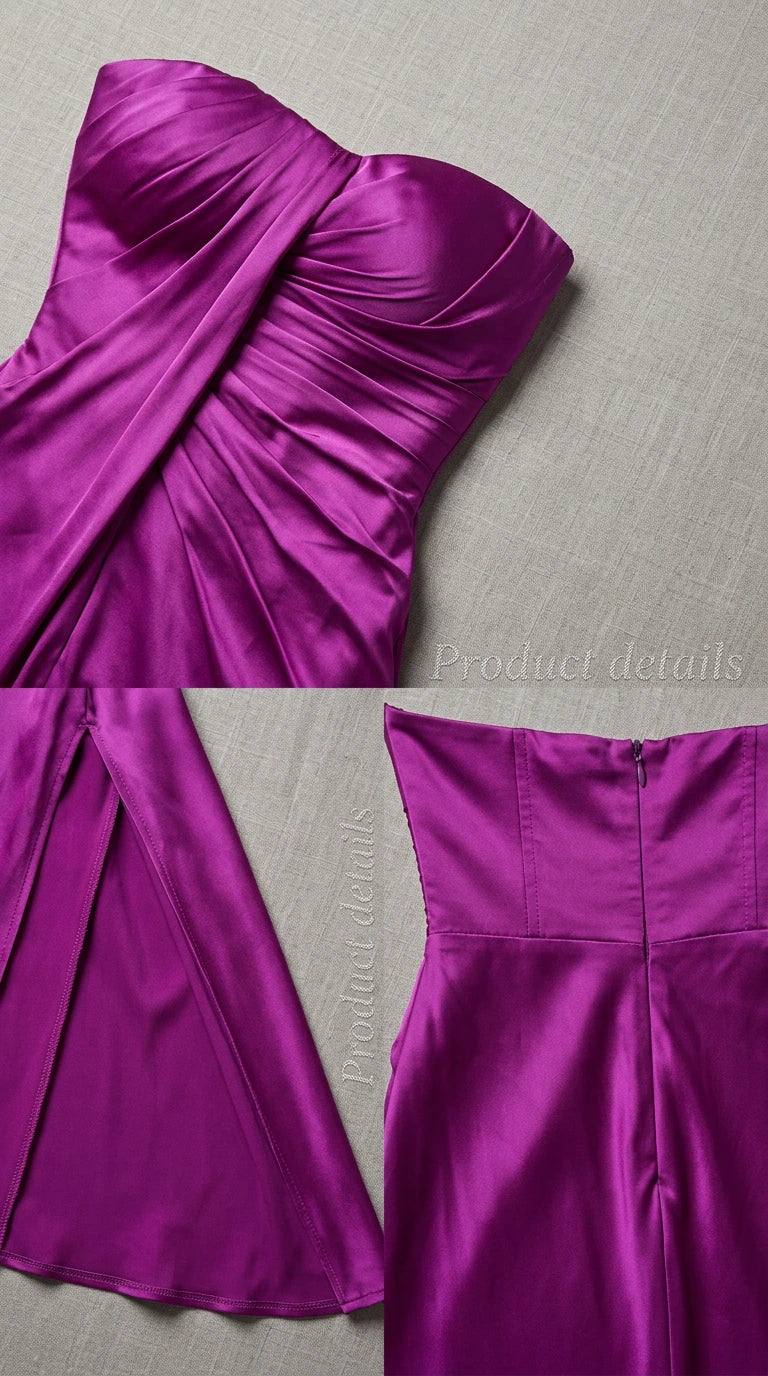 Close-up details of ruched magenta fabric, high slit, and back zipper