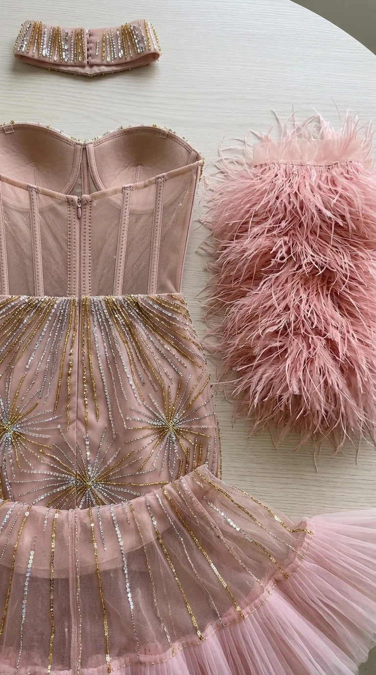 Close-up detail of blush pink beaded corset, tulle hem, choker, and feather cuffs