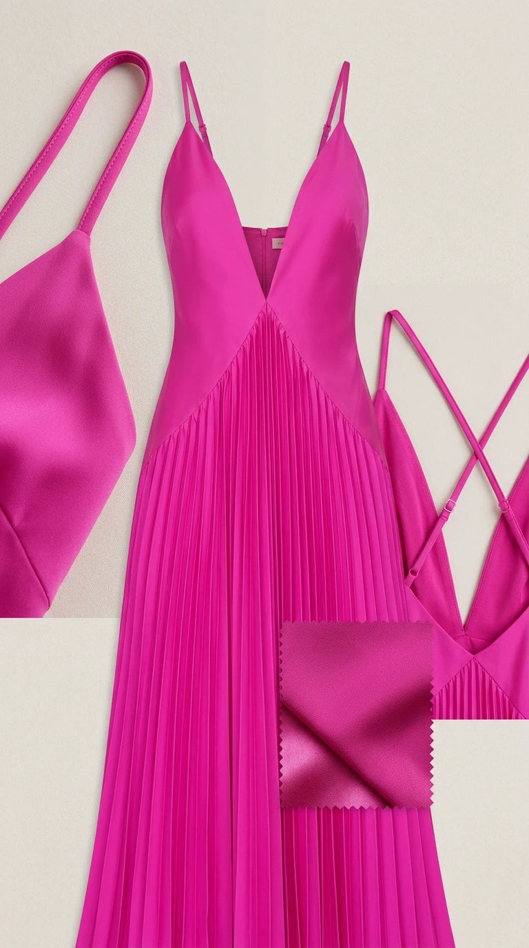 Close-up detail of hot pink satin bodice and pleated fabric