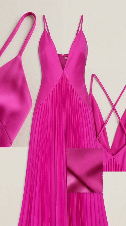 Close-up detail of hot pink satin bodice and pleated fabric