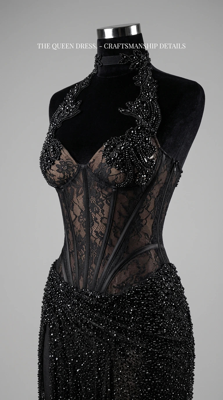 Mannequin close-up showing intricate beading, sheer lace, and boning on black corset gown