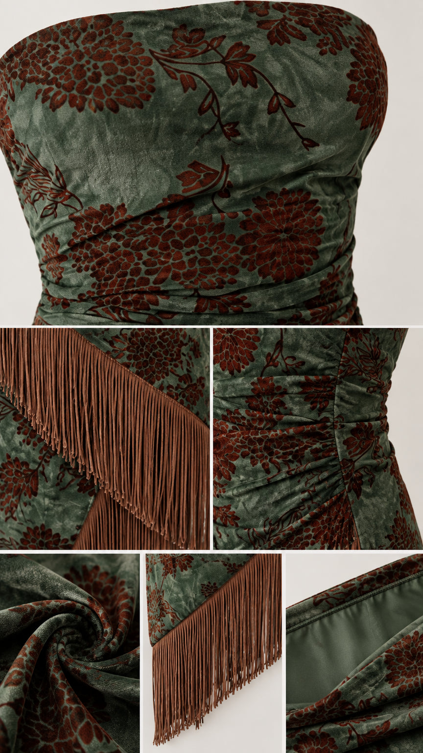 Close-up details of ruched bodice, floral texture, and fringe hem trim
