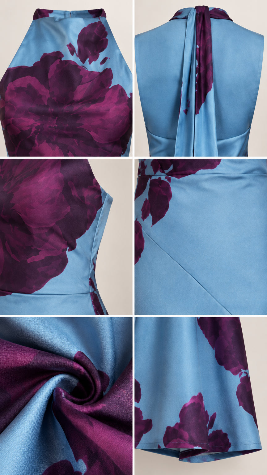 Detailed close-up collage of halter neckline, tie-back, seams, and satin fabric texture