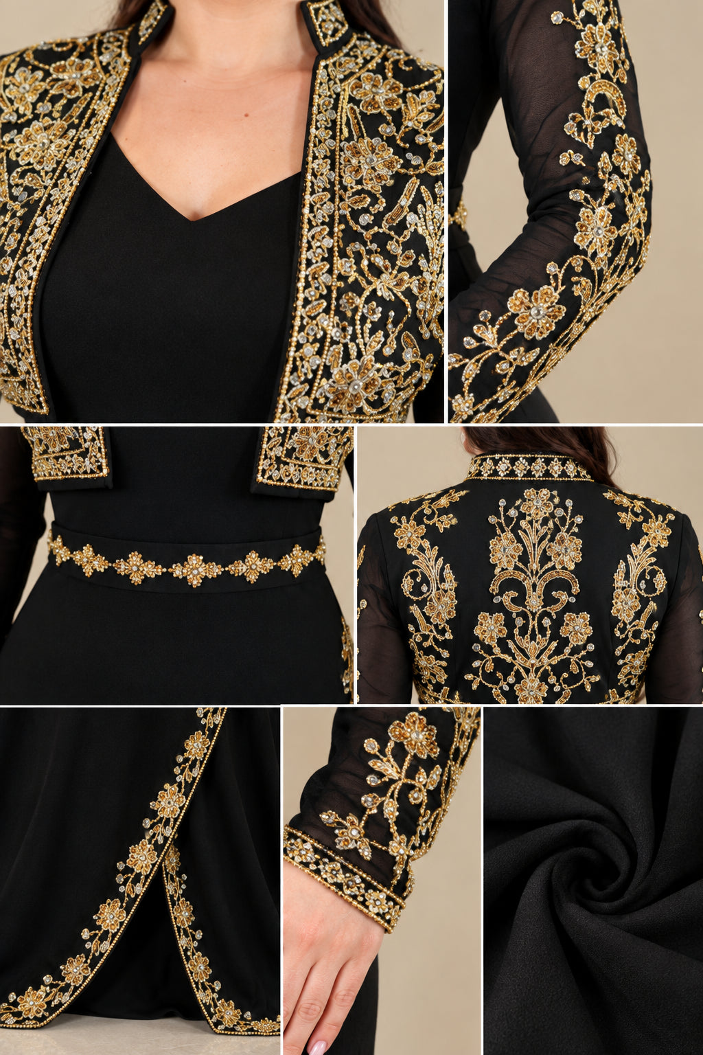 Close-up details of gold embroidery on jacket, neckline, waist, cuffs, and smooth fabric