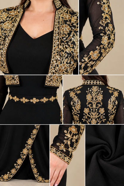 Close-up details of gold embroidery on jacket, neckline, waist, cuffs, and smooth fabric