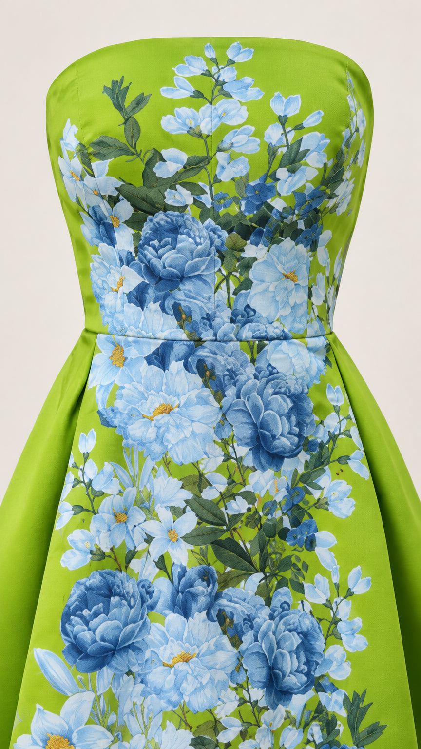 Close-up detail of strapless lime green bodice and blue floral motif print
