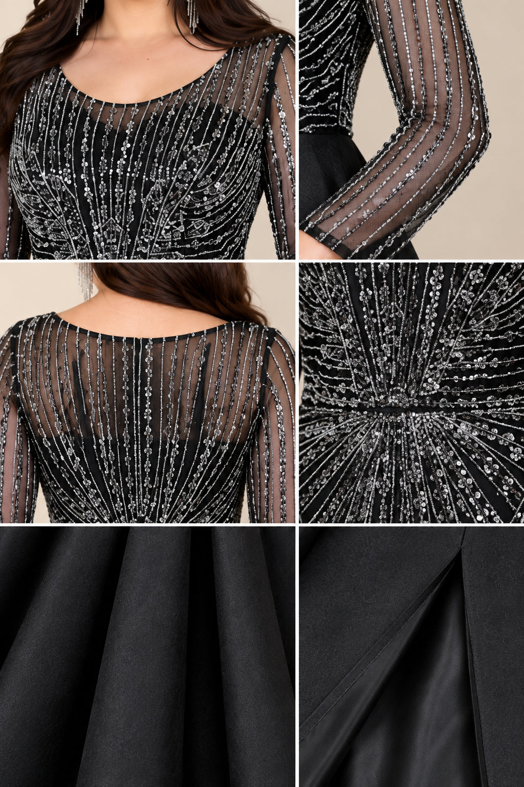 Close-up details of intricate linear beadwork, sheer neckline, and satin overskirt fabric