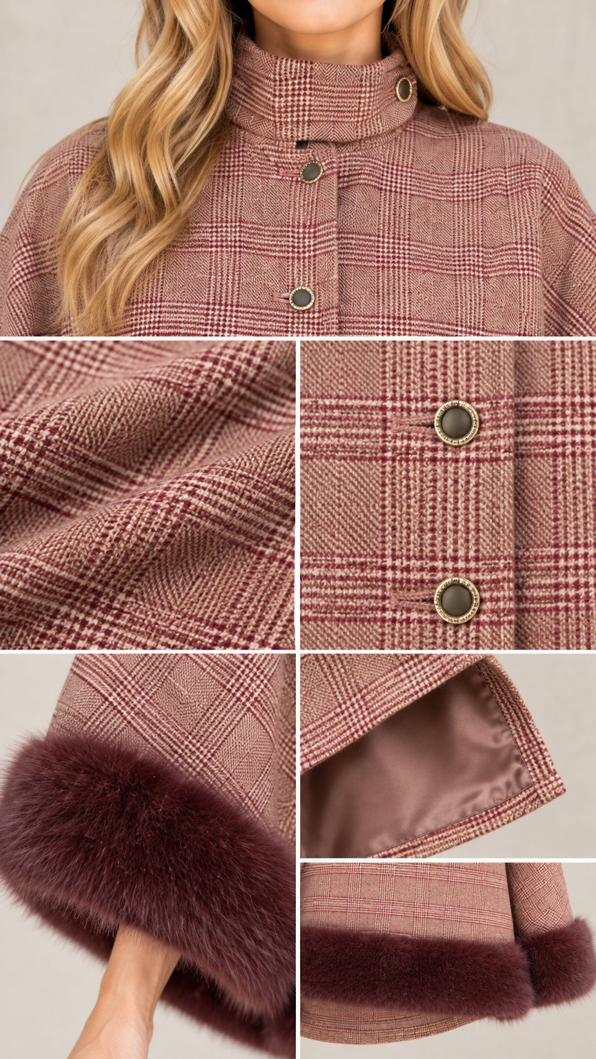 Detailed close-up collage of plaid texture, engraved metallic buttons, high mock collar, and faux fur edge