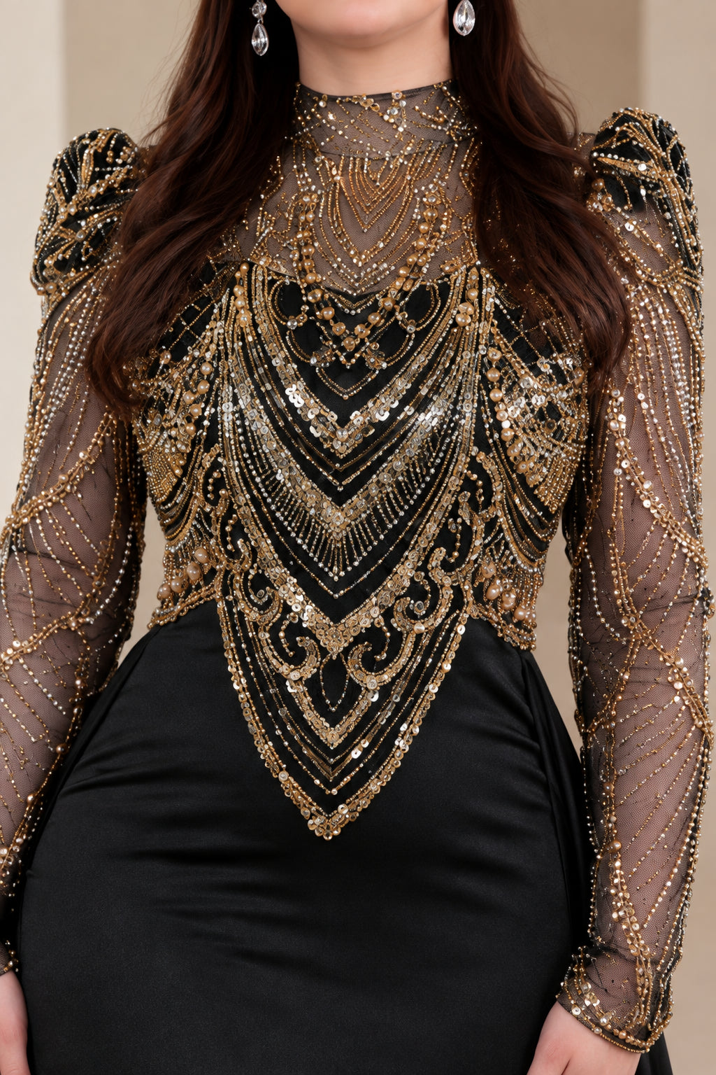 Close-up detail of high neckline and intricate gold sequin and bead embroidery