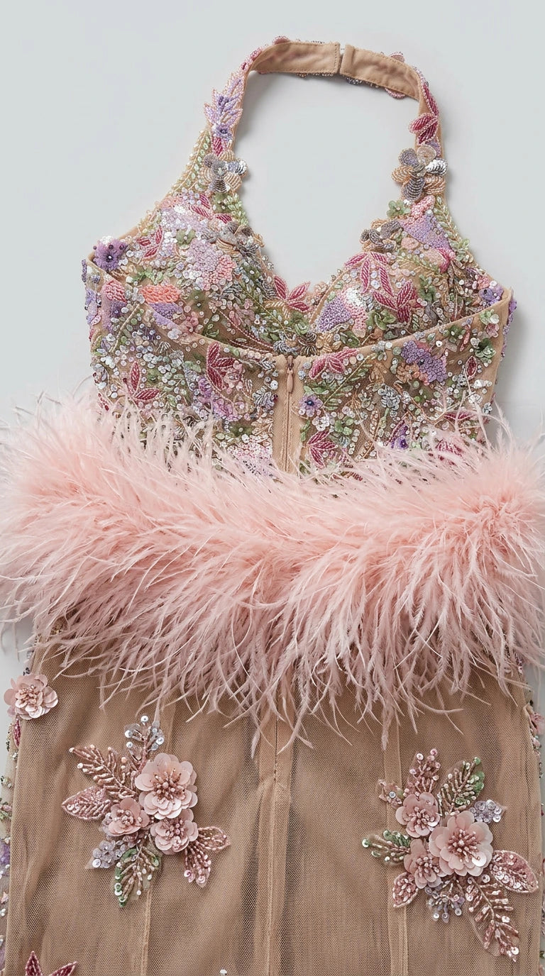 Close-up detail of Blush Pink bodice with floral beadwork, sequins, and feather trim