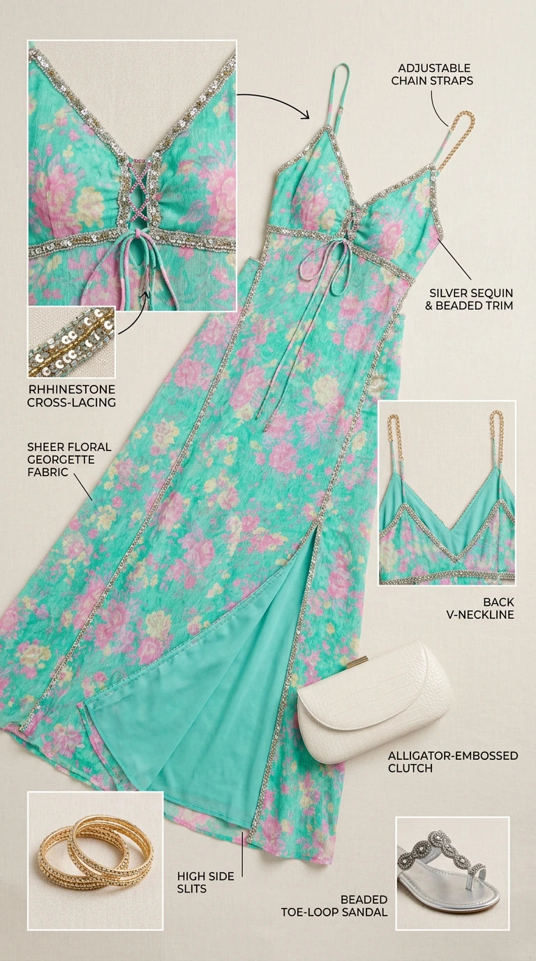 Product detail collage of floral maxi dress showing trims, straps, and accessories
