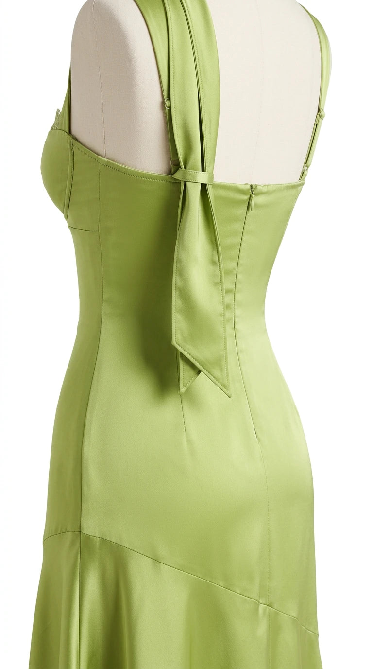 Close-up back detail on mannequin of pistachio green satin dress and matching tie