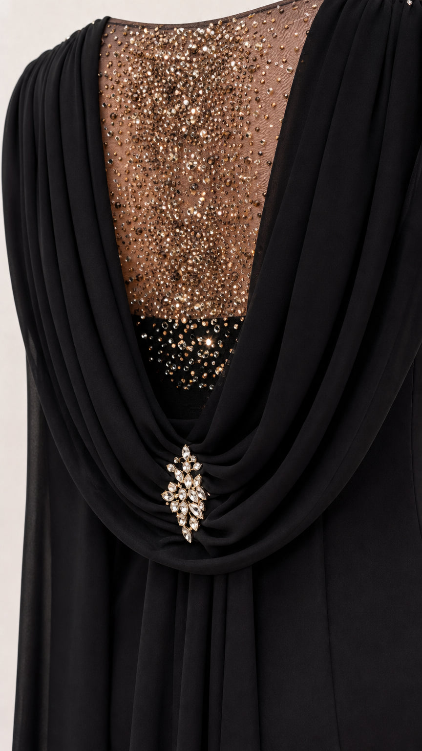 Close-up detail of shimmering sequin beadwork and crystal brooch on black evening gown