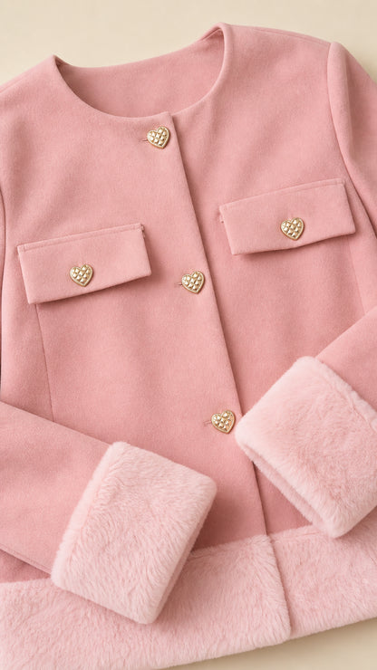 Close-up detail of pink jacket showing heart buttons, chest flap pockets, and faux fur cuffs