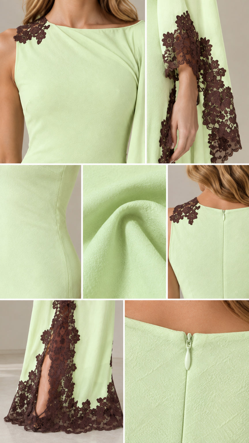 Detailed close-ups of mint green fabric, lace embroidery, shoulder accent, and concealed back zipper