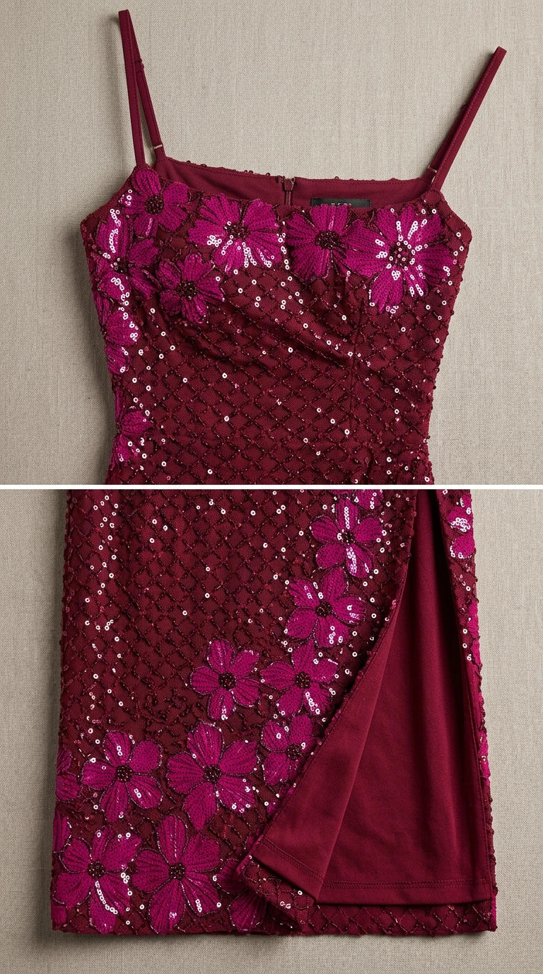 Close-up detail of bodice and hemline sequin floral embroidery and fabric lining